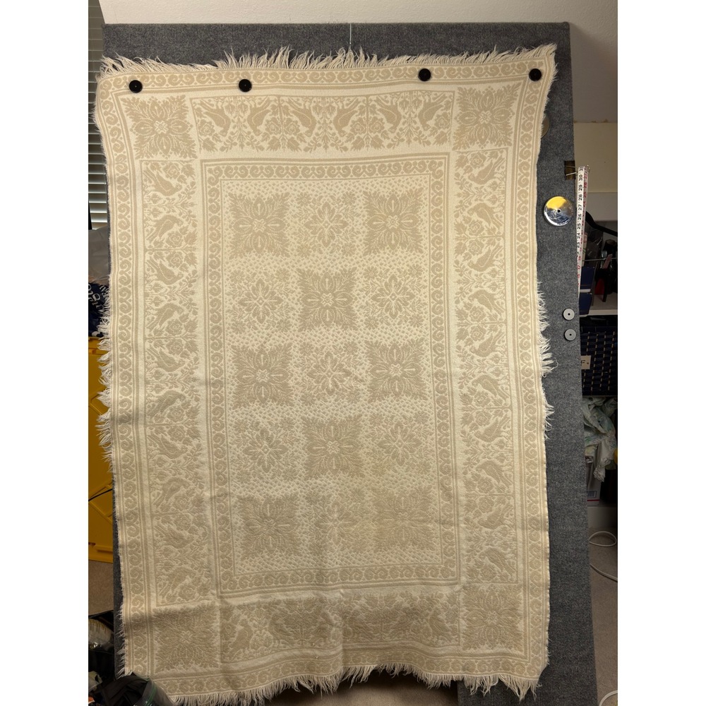 Vintage Goodwin Weavers Cotton Throw Blanket Bird Floral Woven Fringed Cream Tan